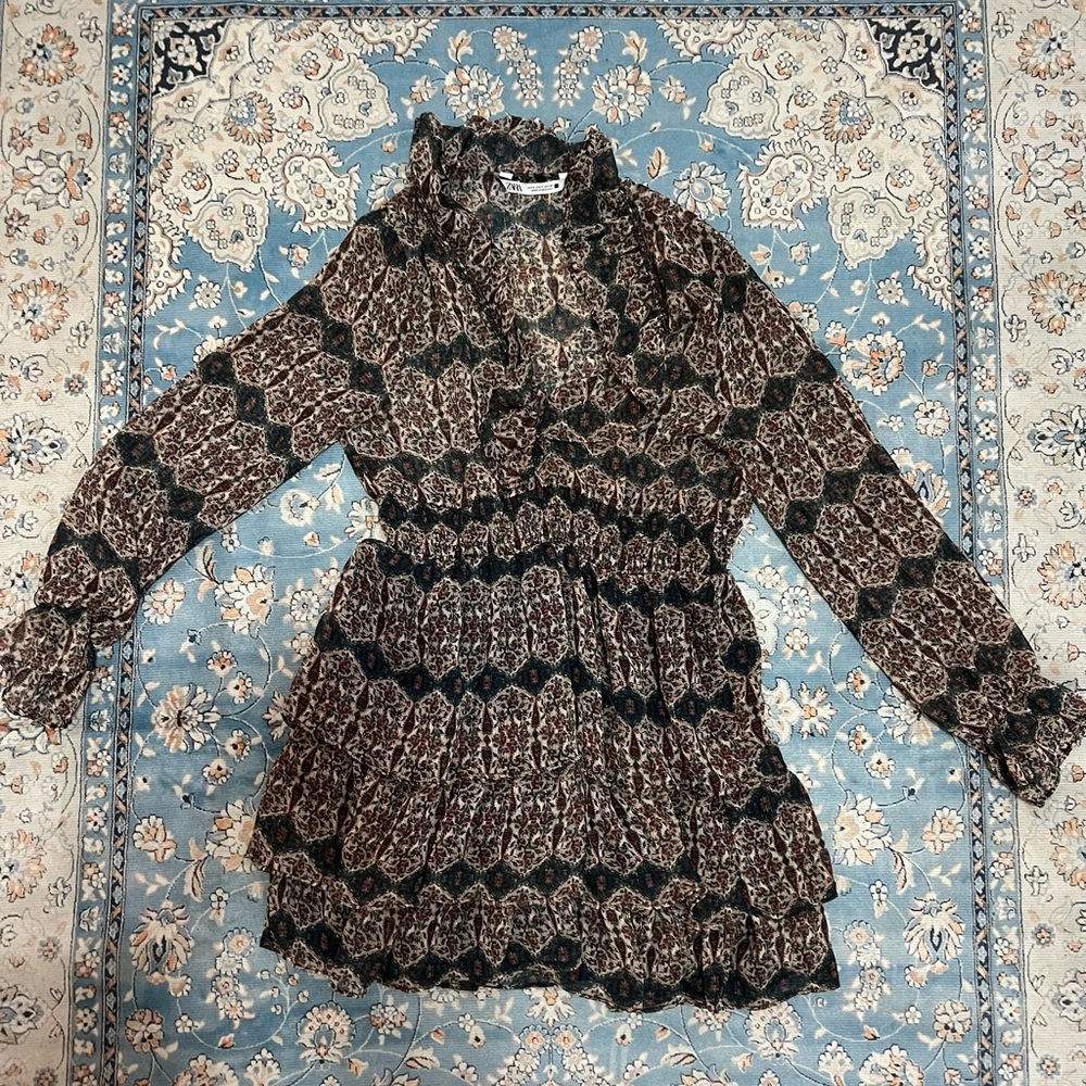 Zara Black and Brown Patterned Mini Dress